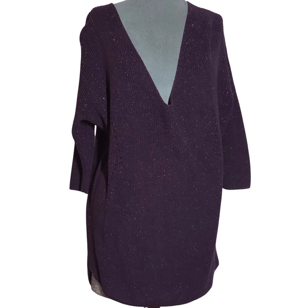 Purple Metallic Knit V Neck Sweater Size Medium